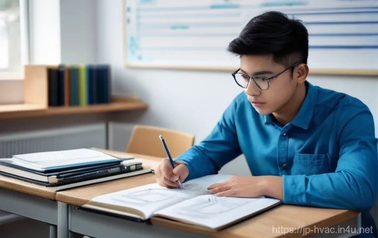 공조냉동기계기사 실기시험 준비 팁 - **Subject: Focused Study for Technical Certification Exam**
    A determined young adult, appearing ...
