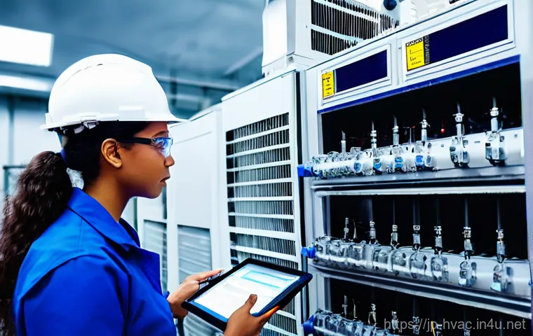 공조냉동기계 기술자와 재난 대응 시스템 - **Prompt:** A group of diverse professional air conditioning and refrigeration technicians, both mal...