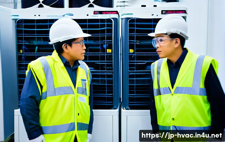 공조냉동기계 기술자의 팀워크 비결 - **Prompt:** A diverse group of air conditioning and refrigeration technicians, both male and female,...