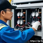공조냉동기계기사로서의 첫 직장 선택 - A Japanese refrigeration technician wearing a clean, functional uniform with safety gloves and a cap...