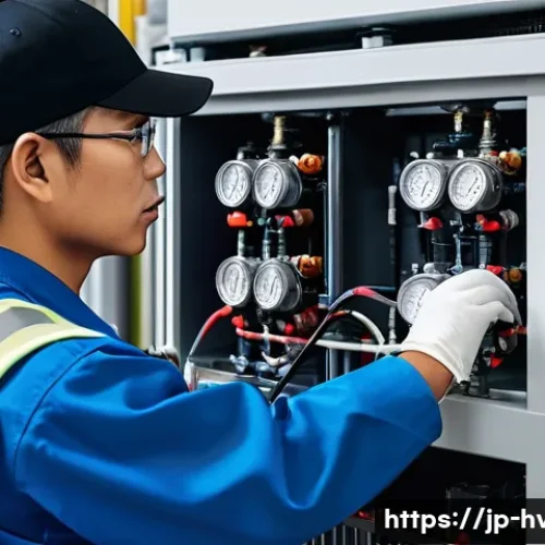 공조냉동기계기사로서의 첫 직장 선택 - A Japanese refrigeration technician wearing a clean, functional uniform with safety gloves and a cap...