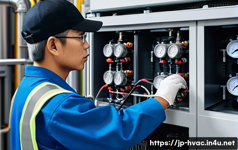 공조냉동기계기사로서의 첫 직장 선택 - A Japanese refrigeration technician wearing a clean, functional uniform with safety gloves and a cap...