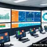 공조냉동기계 시스템의 최적화 기술 - A modern office building control room featuring a wall of IoT device screens displaying real-time en...