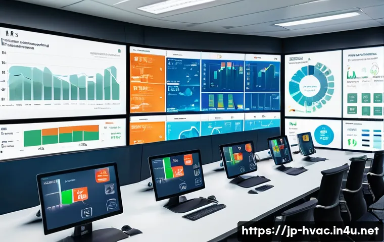 공조냉동기계 시스템의 최적화 기술 - A modern office building control room featuring a wall of IoT device screens displaying real-time en...