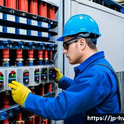 공조냉동기계 기술자와 화재 예방 기술 - A detailed industrial scene showing a skilled technician inspecting high-pressure refrigerant piping...