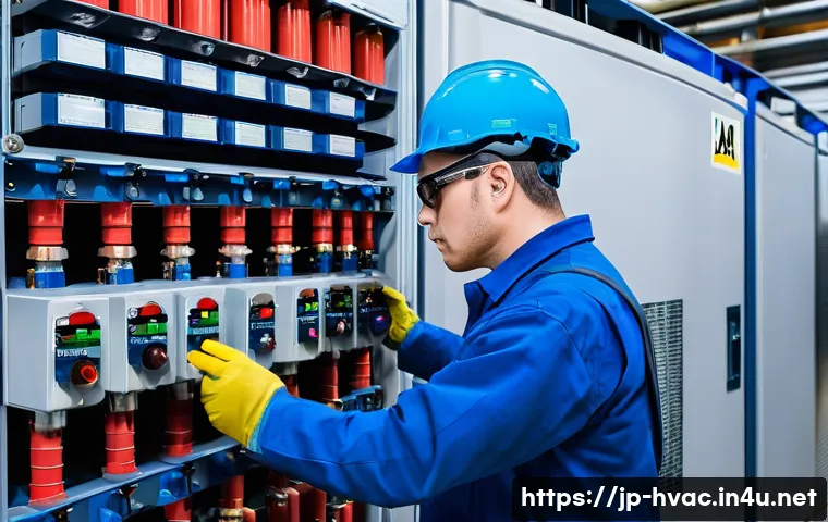 공조냉동기계 기술자와 화재 예방 기술 - A detailed industrial scene showing a skilled technician inspecting high-pressure refrigerant piping...